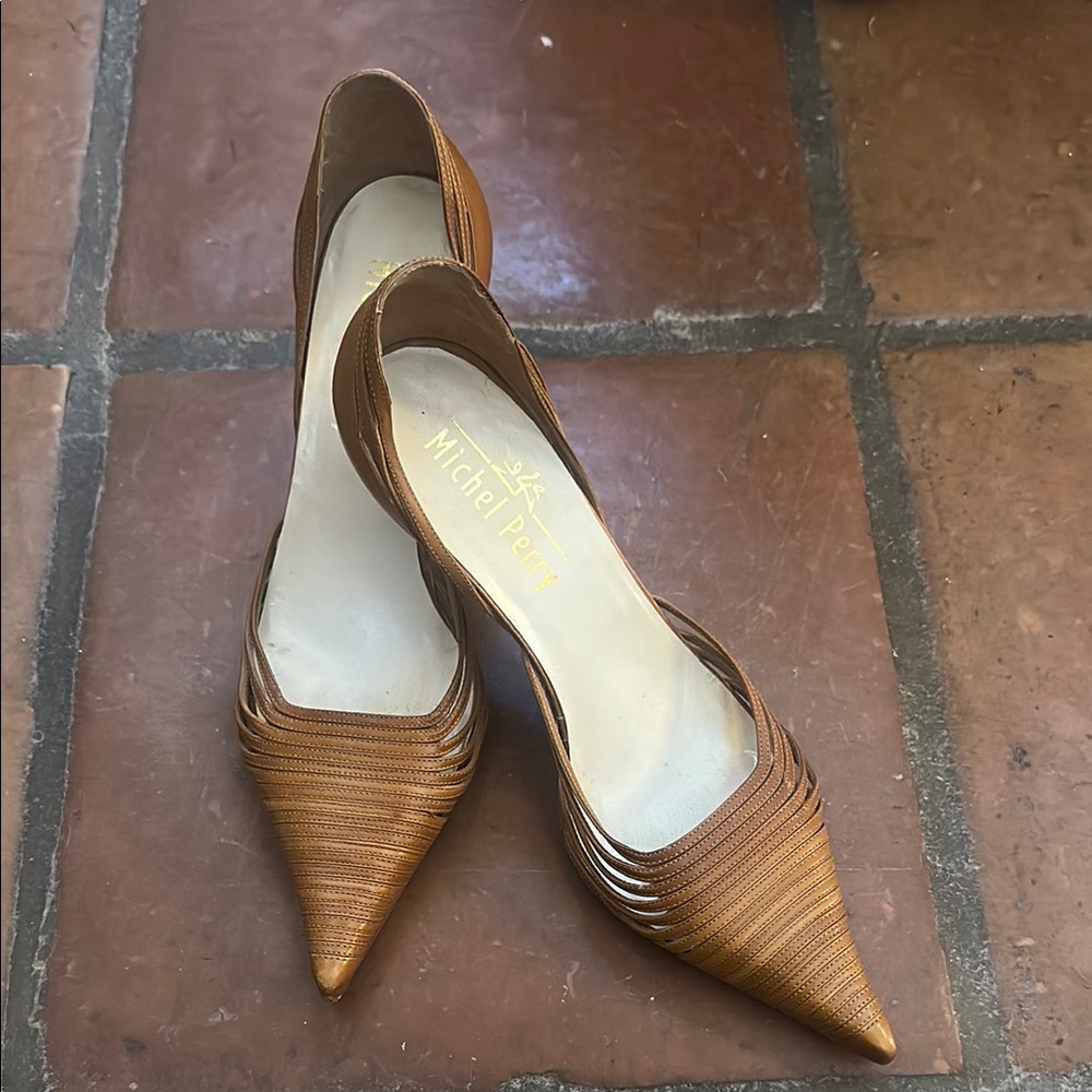 Michel Perry Brown Pleated Leather Heels